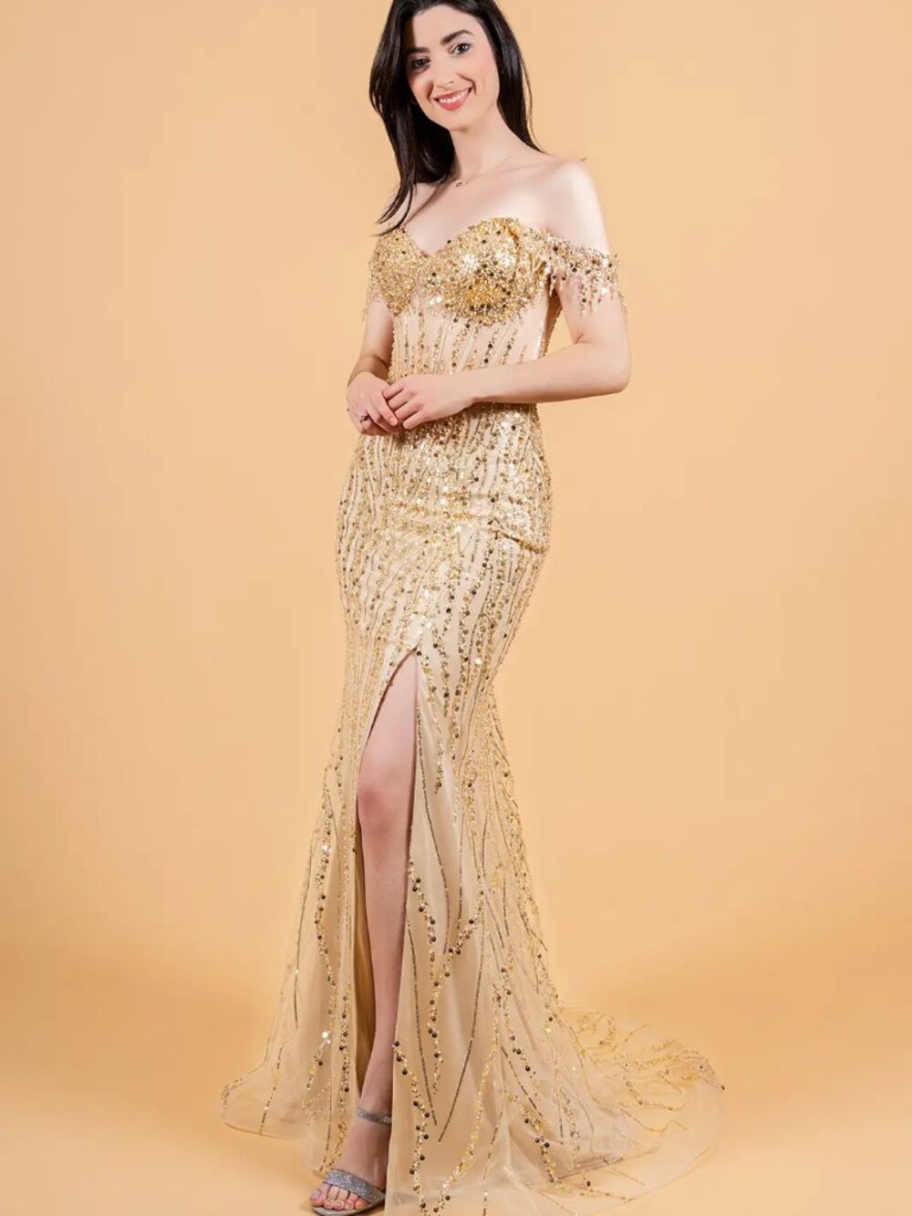 NEW CHAMPAGNE Prom Gown Floor Length With Slit Formal Elegant GL3620